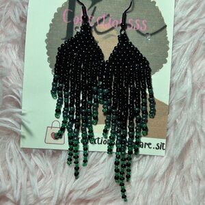 Black & Gray Beaded Fringe Earrings with Green Accents